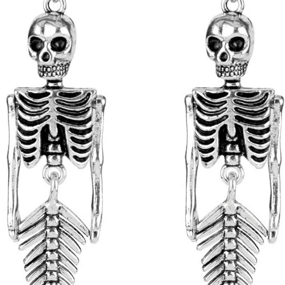 Siver Plated Vintage Human Skeleton Bones and Mermaid Skull Charm Dangle Earring - Picture 1 of 6